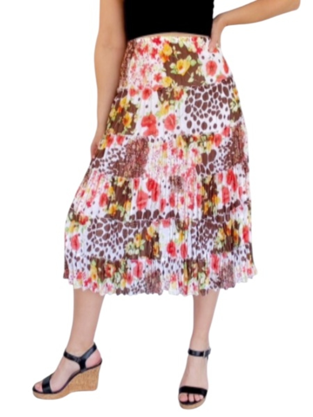 Allison Taylor colorful coral floral patchwork tiered midi skirt size medium
